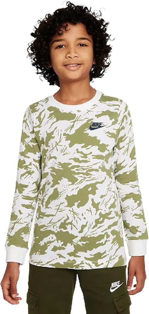 Nike Boy's NSW Long Sleeve All Over Print Futura Tee (Little Kids/Big Kids) White XL (18-20 Big Kid)