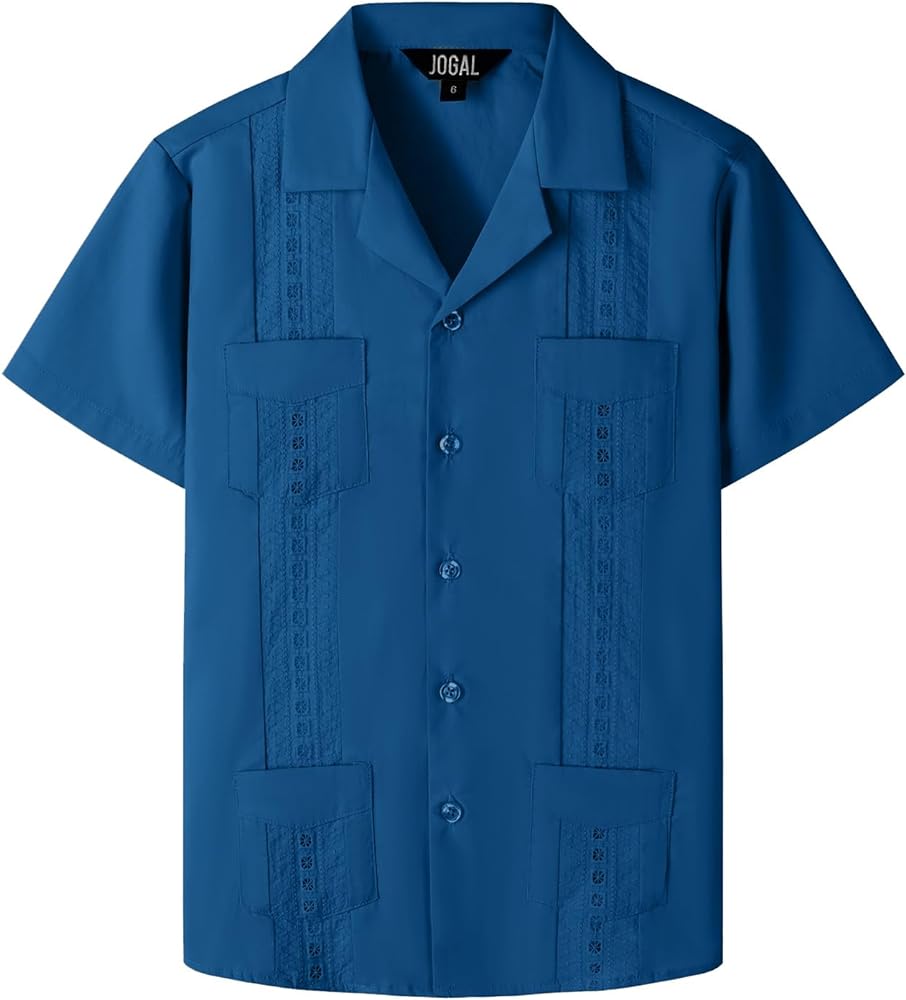 JOGAL Boys Guayabera Shirts Cuban Short Sleeve Casual Button Down Beach Shirt