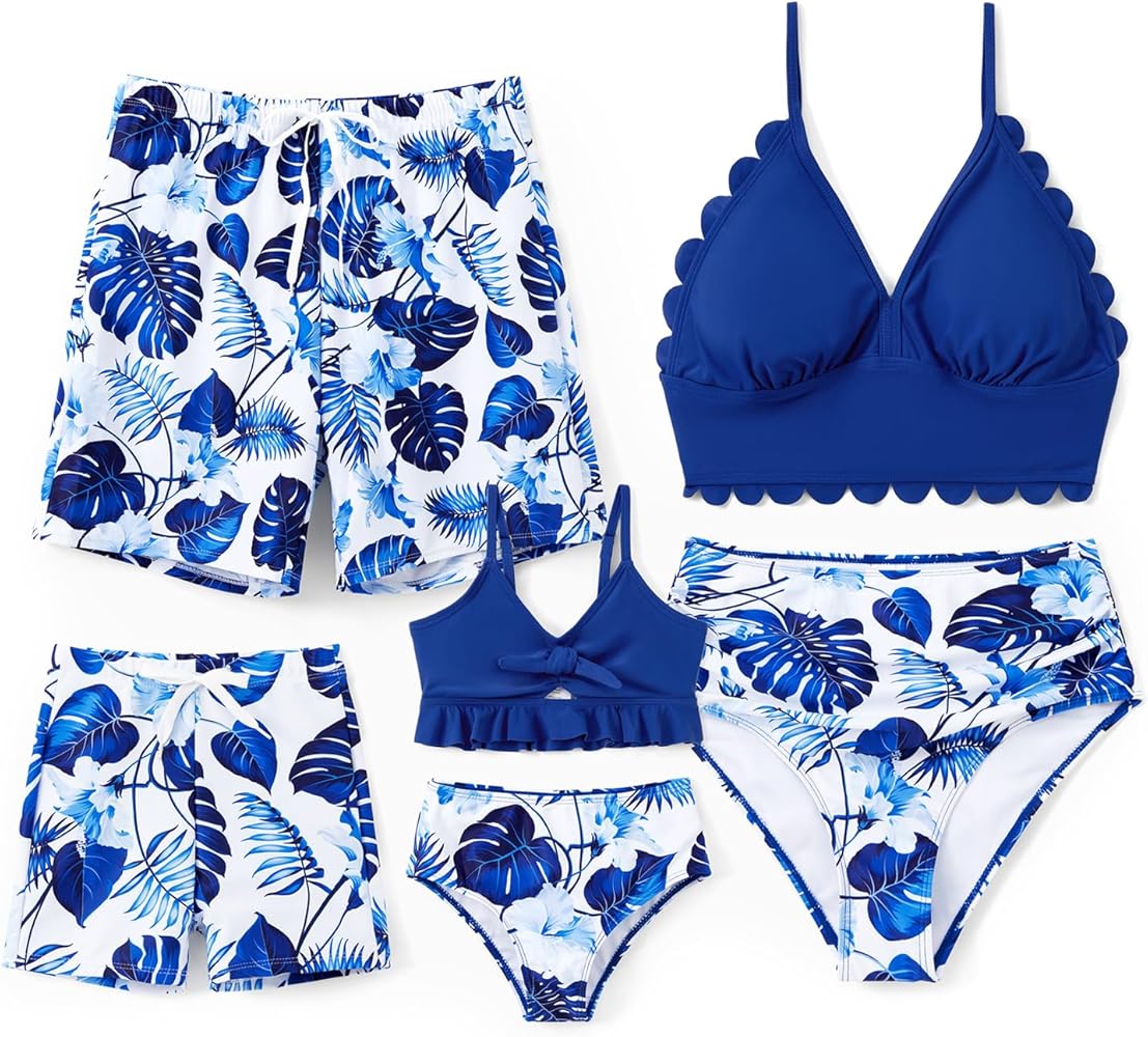 Family Matching Solid Scallop Trim Strappy Two-Piece Swimsuit and Allover Floral Print Swim Trunks Shorts