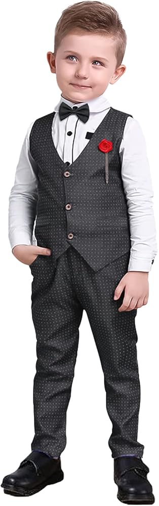 Nwada Boys Suit Set Formal Dress Shirt with Bow Tie, Slim Vest and Pants Toddler Boy Clothes Suits