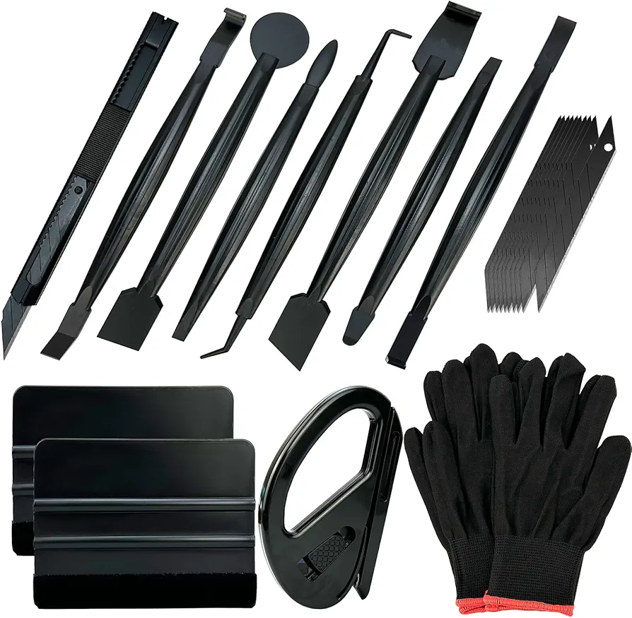 Automotive Vinyl Wraps Tools Tint Film Kit Wallpaper Tools Decal Applicator with 2 Pairs Vinyl Wrap Gloves, 4inch Felt Squeegee, Razor Safety Cutter, Edge Trimmer, Black Vinyl Knife