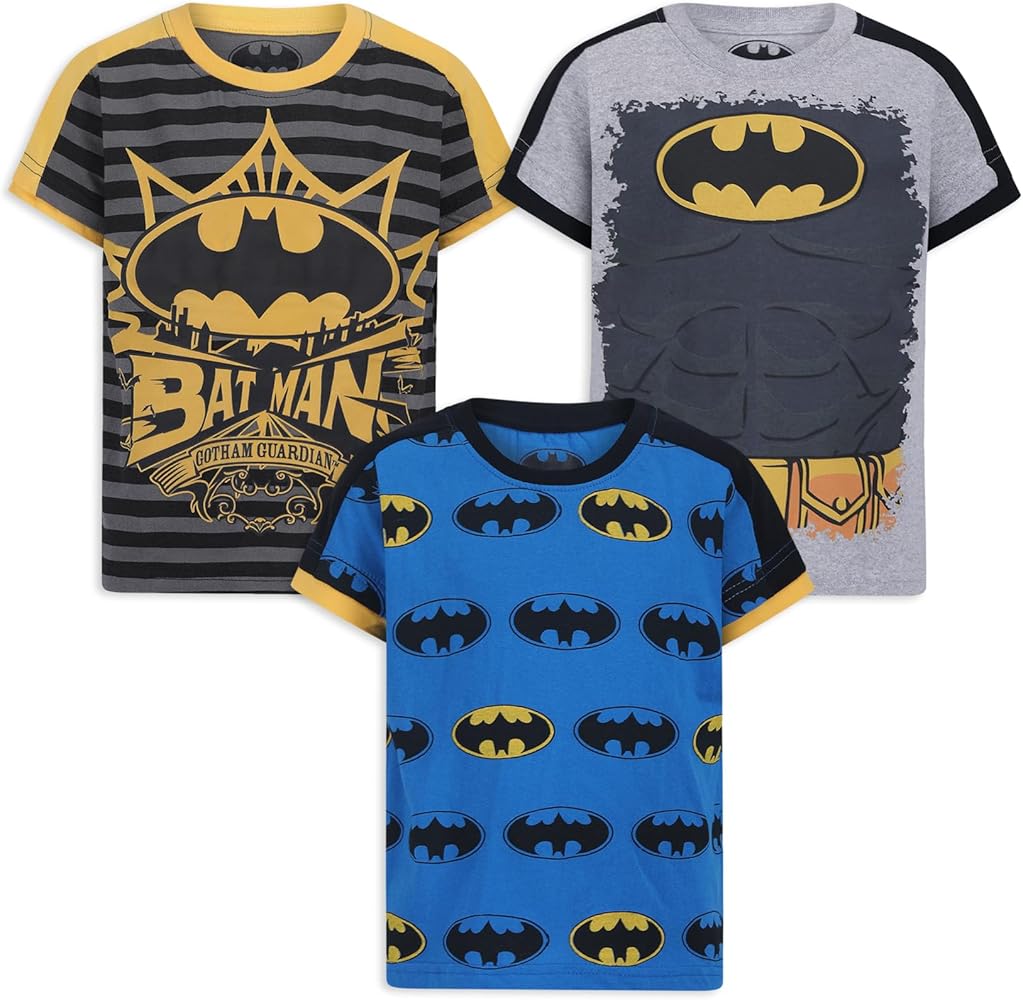 DC Comics Batman Boys 3 Pack T-Shirt for Toddler and Little Kids – Blue/Yellow/Grey