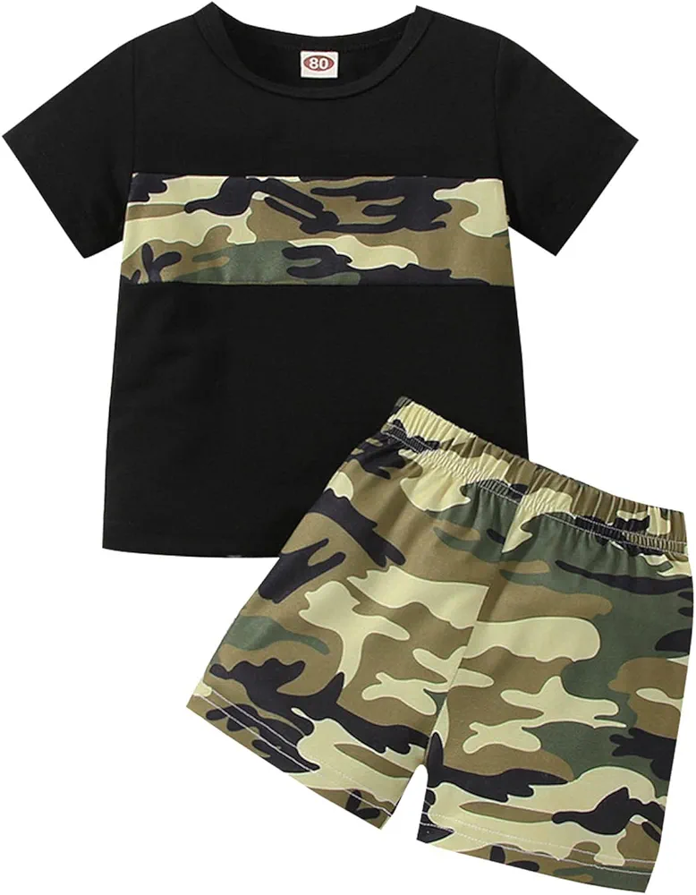 Sinifer Toddler Boys Short Sleeve Summer Clothing Patchwork Camouflage Tops Shorts 2pcs Outfits (Black, 2-3 Years)