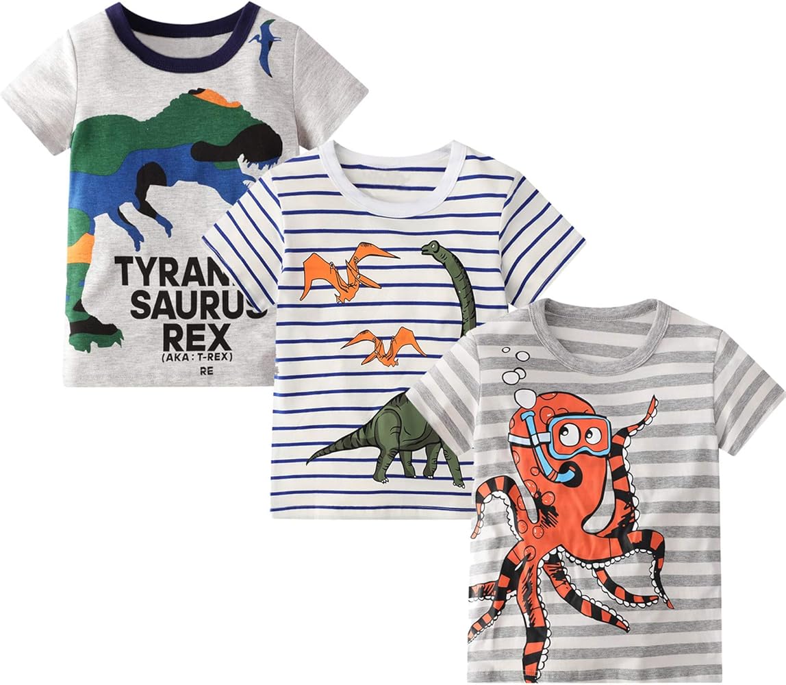 Boy Shirt Summer Short Sleeve Tops Tee Cotton Casual Crewneck Stripe Octopus Graphic T-Shirts 3Packs Set Size 6