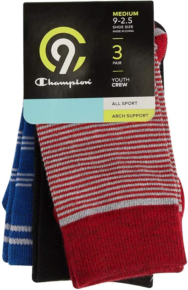 Champion Youth Boys' C9 All Sport Arch Support Crew Socks (3-Pair Pack) (Red, Black, Blue, Shoe Size: Medium (M, 9-2.5))