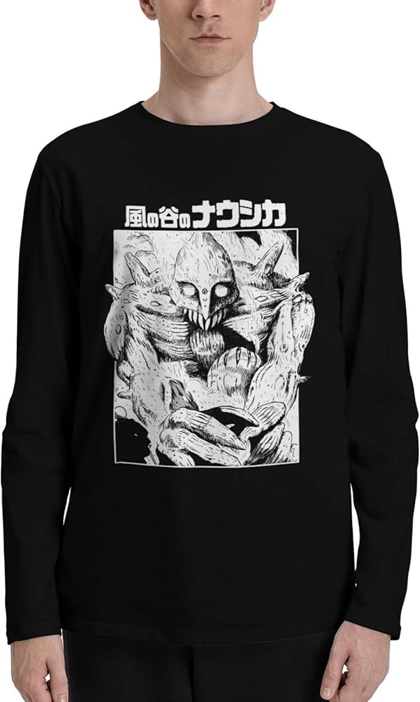 Anime Nausicaa of The Valley of The Wind_鐪嬪浘鐜?Web T Shirt Mens Summer Round Neck T-Shirts Casual Long Sleeve Tee Black