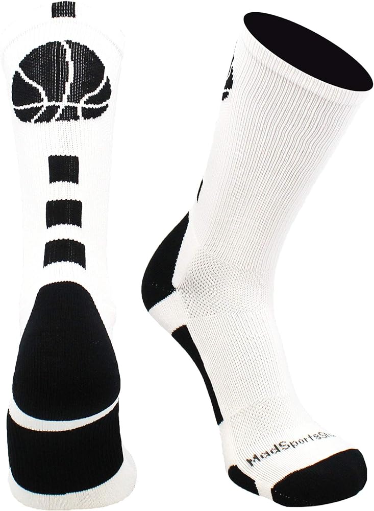 MadSportsStuff Basketball Socks with Basketball Logo Crew Socks (White/Black, X-Large)