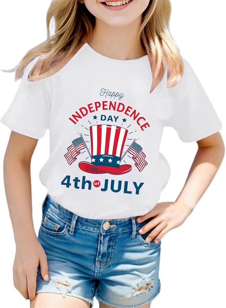 Little Boys Girls 4th of July T-Shirt Stars Striped Funny T-Shirt Classic Short Sleeve Crewneck Memorial Day Tees Tops 4-10 Years,4Th of July Shirts for Boys,2T 4Th of July Shirt Boy White