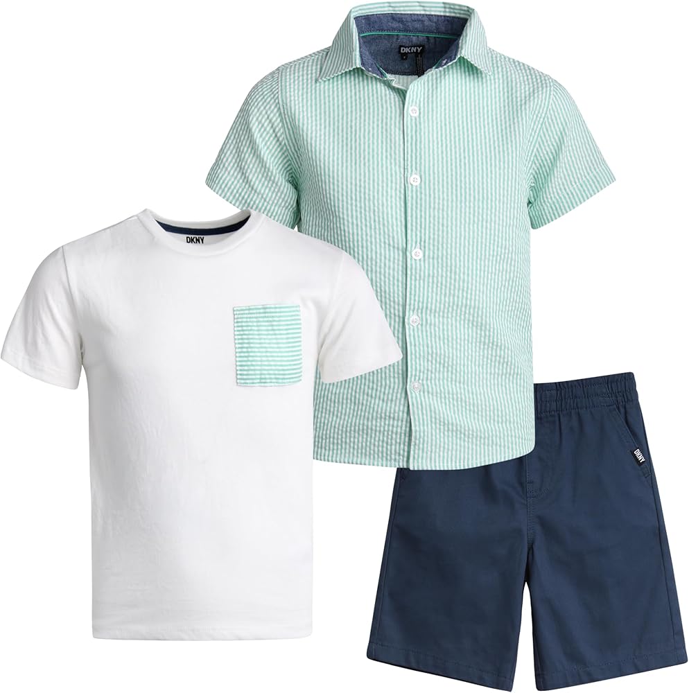 DKNY Boys' Short Set - 3 Piece Short Sleeve Button Down, T-Shirt, and Shorts - Summer Clothing Set for Toddler Boys (2T-7)