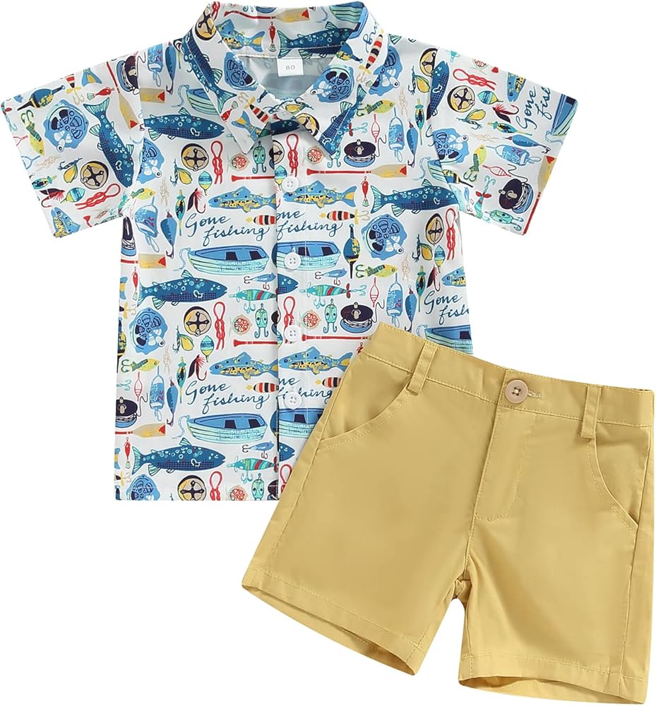 Toddler Boy Summer Clothes Set Button Down Short Sleeve Shirt Elastic Waist Shorts 2Pcs Fashion Boys Outfits