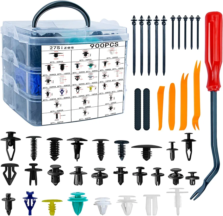 955 Pcs Car Retainer Clips & Plastic Fasteners Kit - 27 Sizes Auto Push Pin Rivets Set Bumper Clips with Fastener Remover for Ford GM Toyota Honda Chrysler BMW Benz Nissan Subaru Audi Mazda