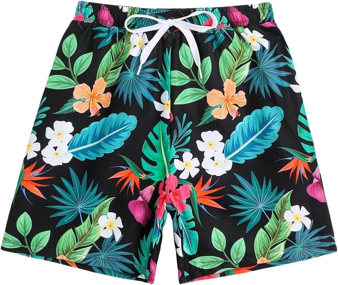 Verdusa Boy's Tropical Print Drawstring Waist Gaphic Vacation Swim Trunk Summer Beach Shorts