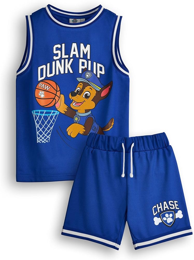 Paw Patrol Boys Basketball Jersey and Shorts Sets | Kids Slam Dunk Pup Two Piece Sports Outfit | Childrens Matching Bundle