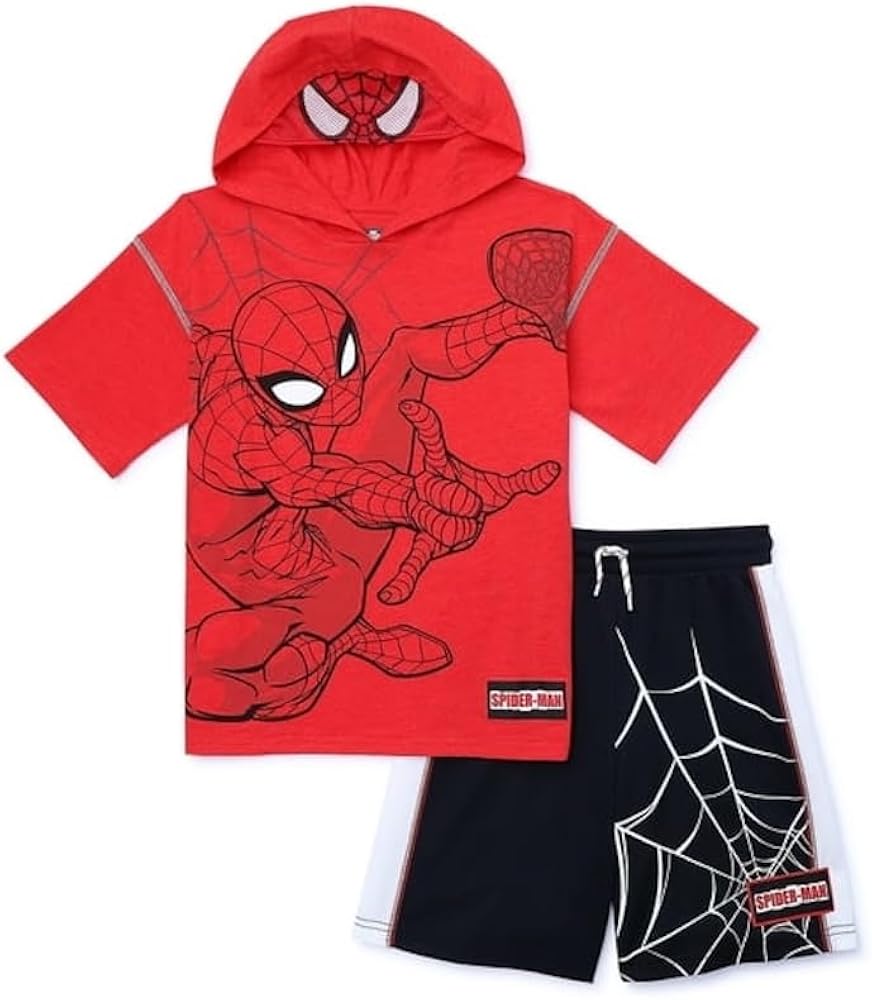 Spider-Man Boys' Hooded Cosplay Tee and Shorts Outfit 2-Piece Set (Size 6), Red, Black