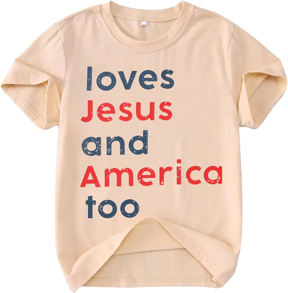 KEKEMI 4th of July T-Shirt Boys Girls Loves Jesus and America Too Graphic Shirt Independence Day Patriotic Short Sleeve Tops