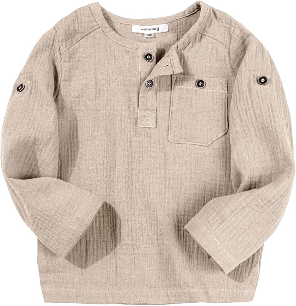 Volunboy Toddler Boys Henley Long Sleeve Cotton Linen Shirt Kids Beach Casual Button Down Tops 18 Months to 7 Years