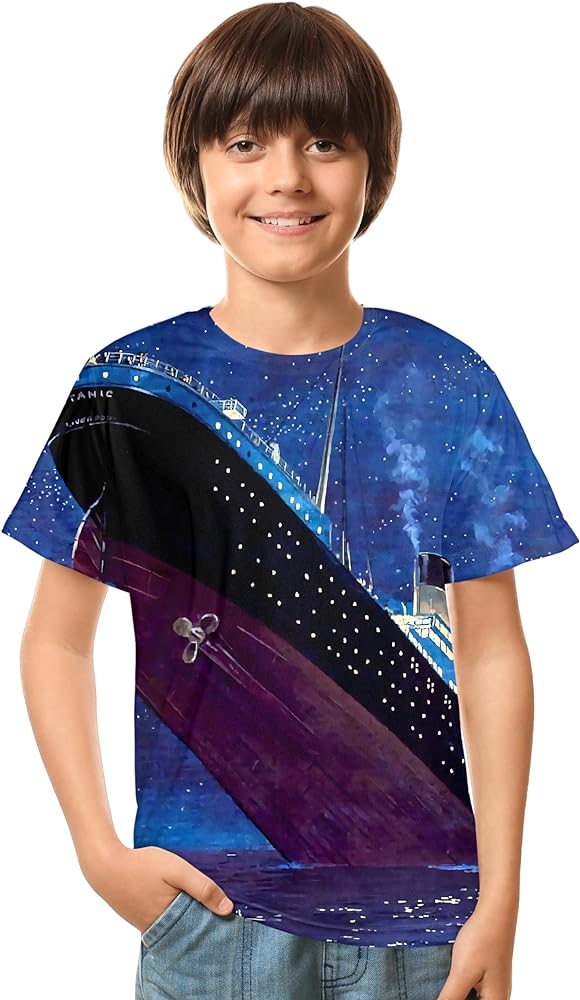 Boys' Nautical Adventure Tee, 3D Graphic Full Print Cruise Ship Crew T-Shirt for Ages 8-16 Daily Wear Short Sleeve Tops