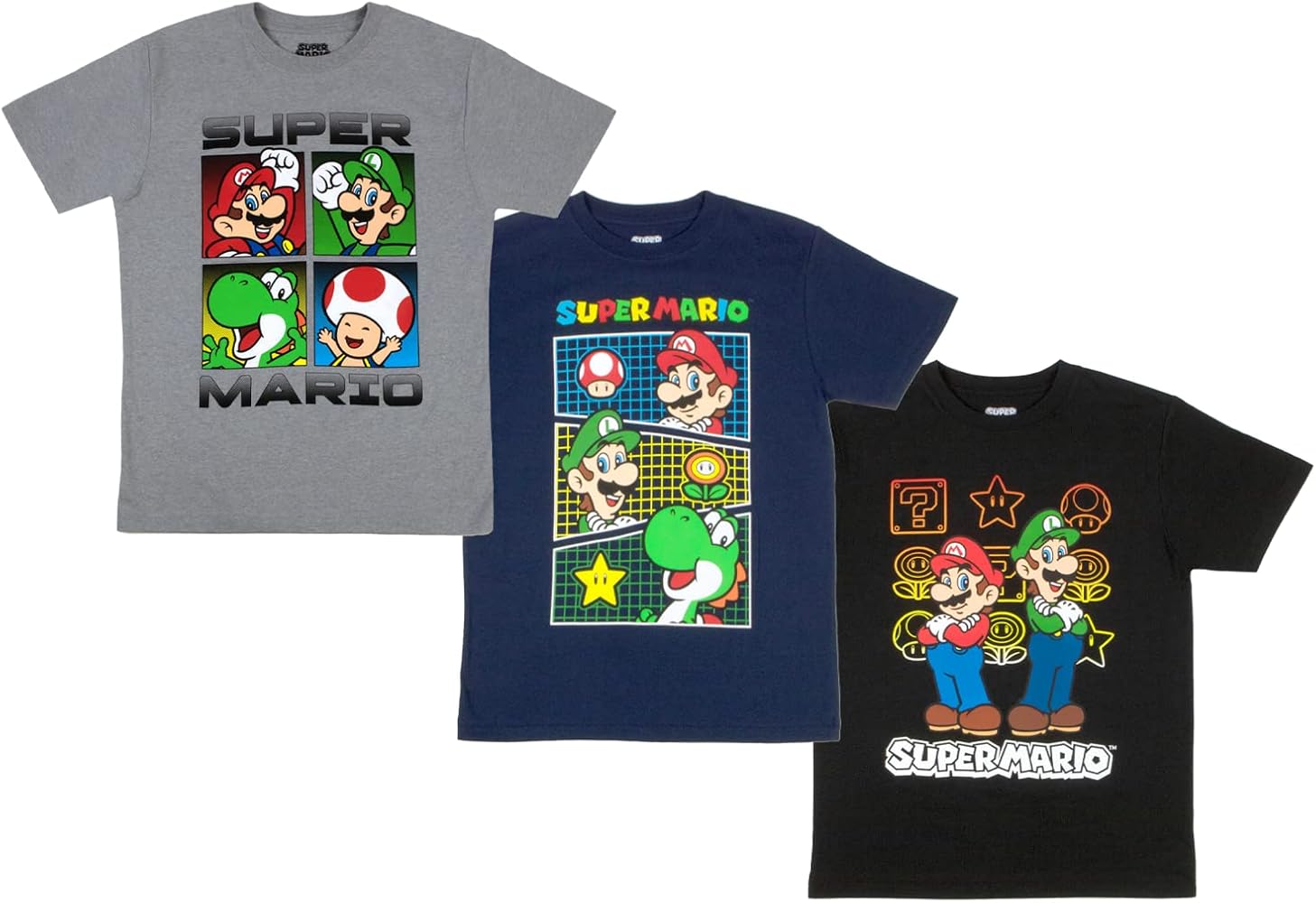 Nintendo Super Mario Boys T-Shirts 3-Pack, Super Mario Bros Characters 3-Pack of Tees for Boys Bundle Set