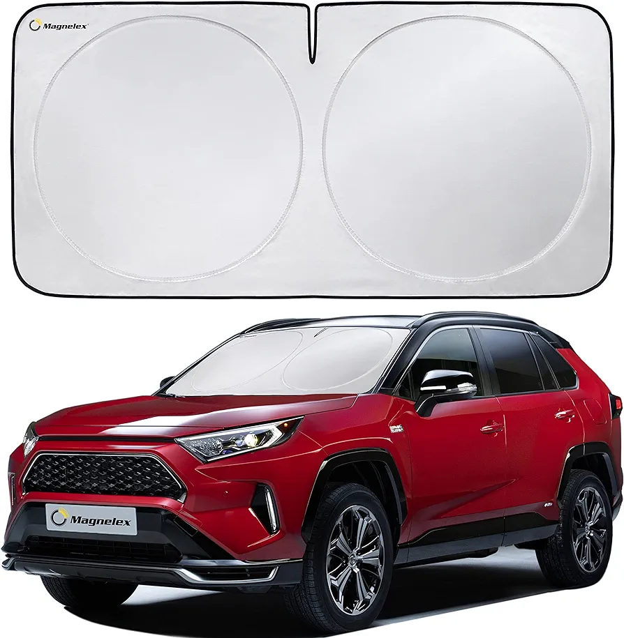 Magnelex Car Windshield Sun Shade with Storage Pouch. Reflective 240T Material Sun Visor with Mirror Cut-Out for Truck, Van or SUV. Foldable Sun Shield for Heat and UV Protection (Medium)