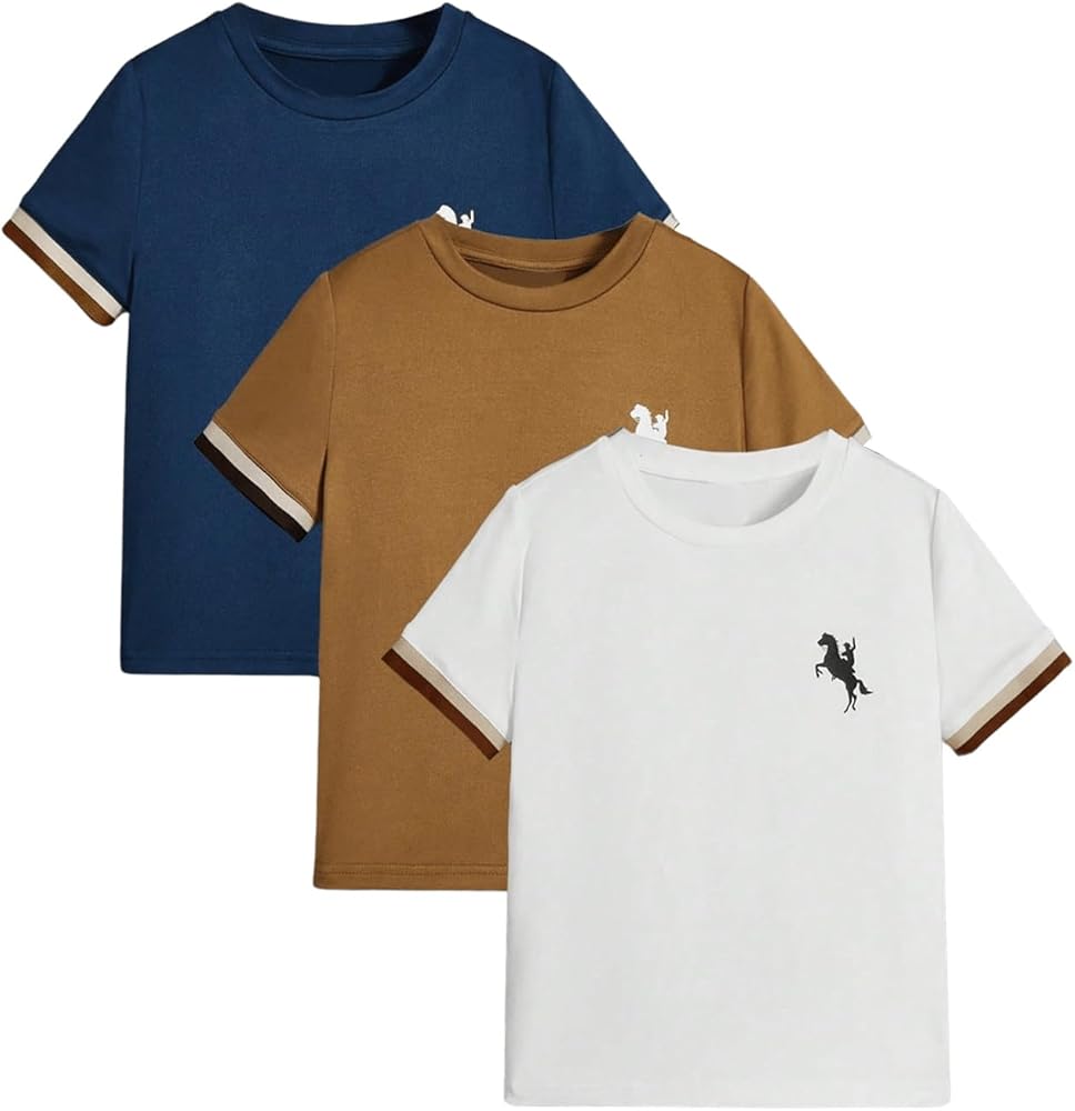 WDIRARA Boy's 3 Pack Graphic Pattern Round Neck Short Sleeve T-Shirt Set Summer Loose Fit Casual Tee Tops