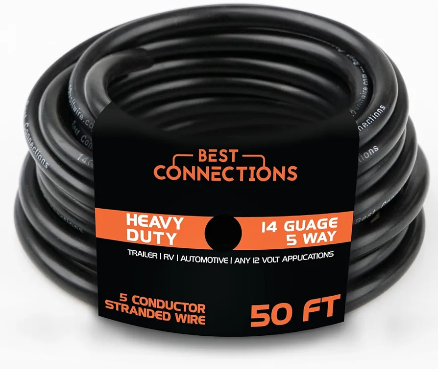 5 Way Trailer Wire – Heavy Duty 14 Gauge 5 Conductor Insulated Cable – Durable, Weatherproof, Color-Coded 5 Way Trailer Wiring Extension for RV Trailer and Automotive (50 Feet)