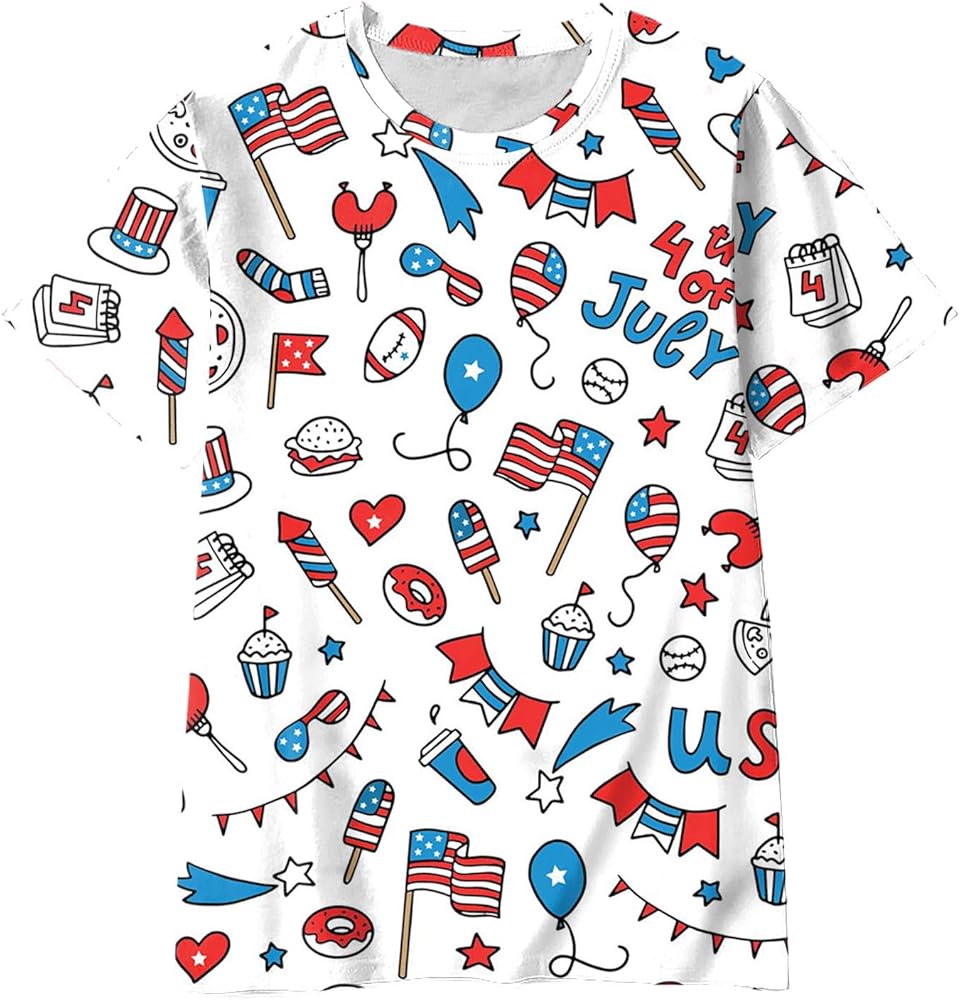 Toddler Boys Girls Summer Short Sleeve Independence Day Style Cartoon Print T Shirt Tops Casual Athletic