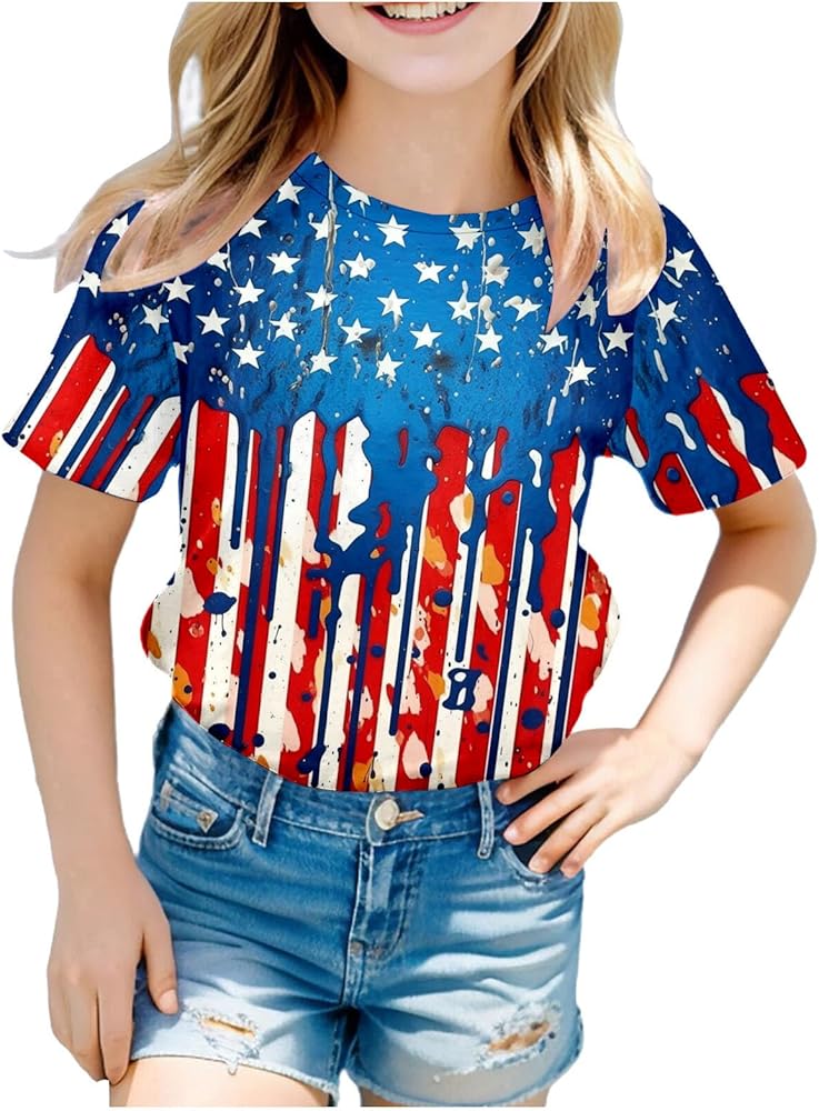 4th of July Tops for Toddler Boys Girls 3D Graphic Printed Tees Shirt Novelty Short Sleeve Round Neck Patriotic for Girls T-Shirt,American Flag Shirts for Boys,4Th of July Shirts Boys, Navy