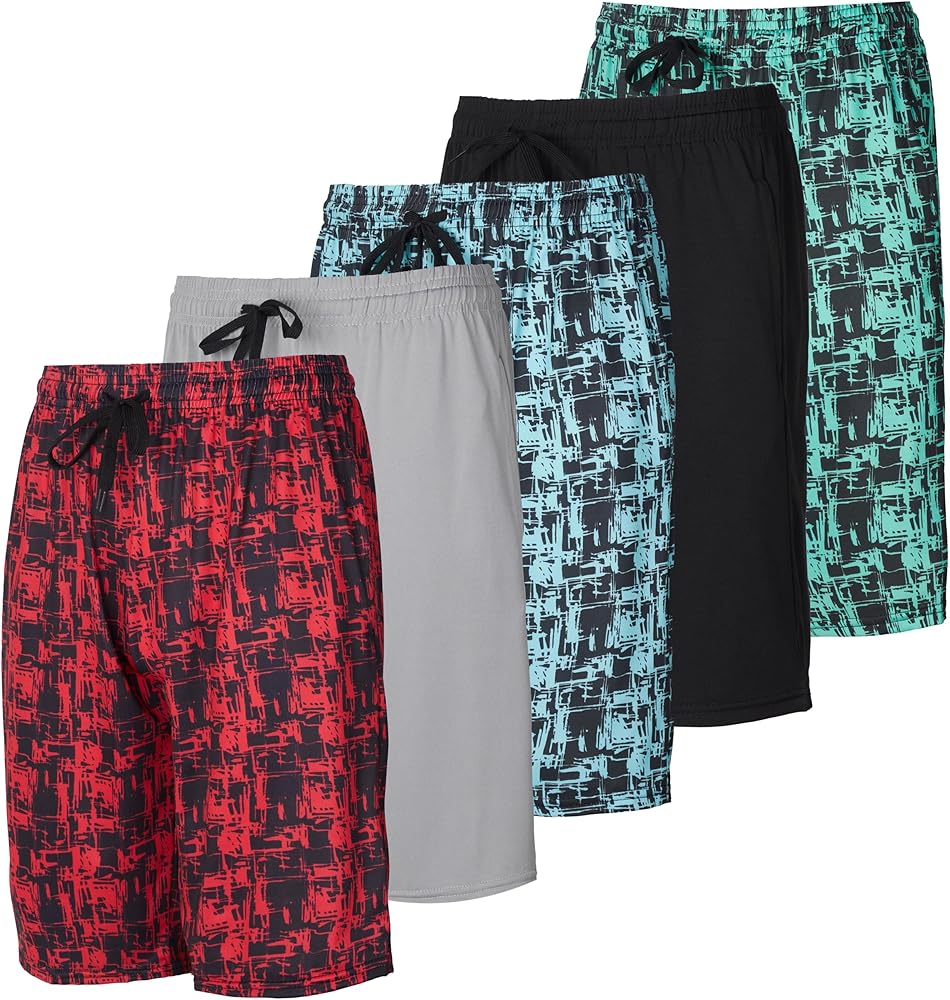 Real Essentials 5-Pack Boys' Dry-Fit Active Athletic Performance Basketball Shorts with Pockets