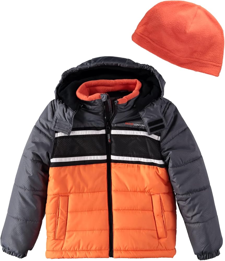 LONDON FOG Boys' Big Active Puffer Jacket Winter Coat, Orange with Black and Grey, 14-16