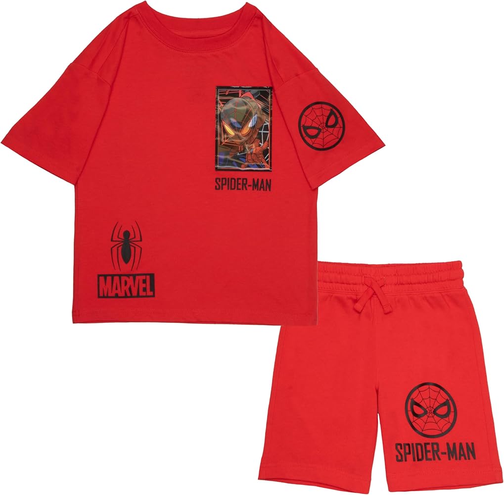 Marvel Spider-Man Boys Short Sleeve T-Shirt & Shorts with Lenticular Image Changing Patch, 2-Piece Gamer Outfit Shorts Set