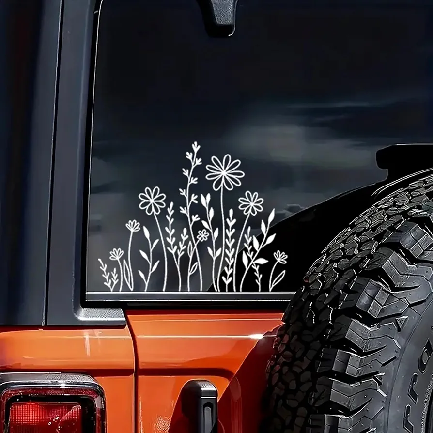 Wildflowers Boho Fun Reflective Car Vinyl Sticker, Plant Lover Gift Idea, Bumper Sticker, Car Sticker, Decorative Car Window Decal 6 inch (White)