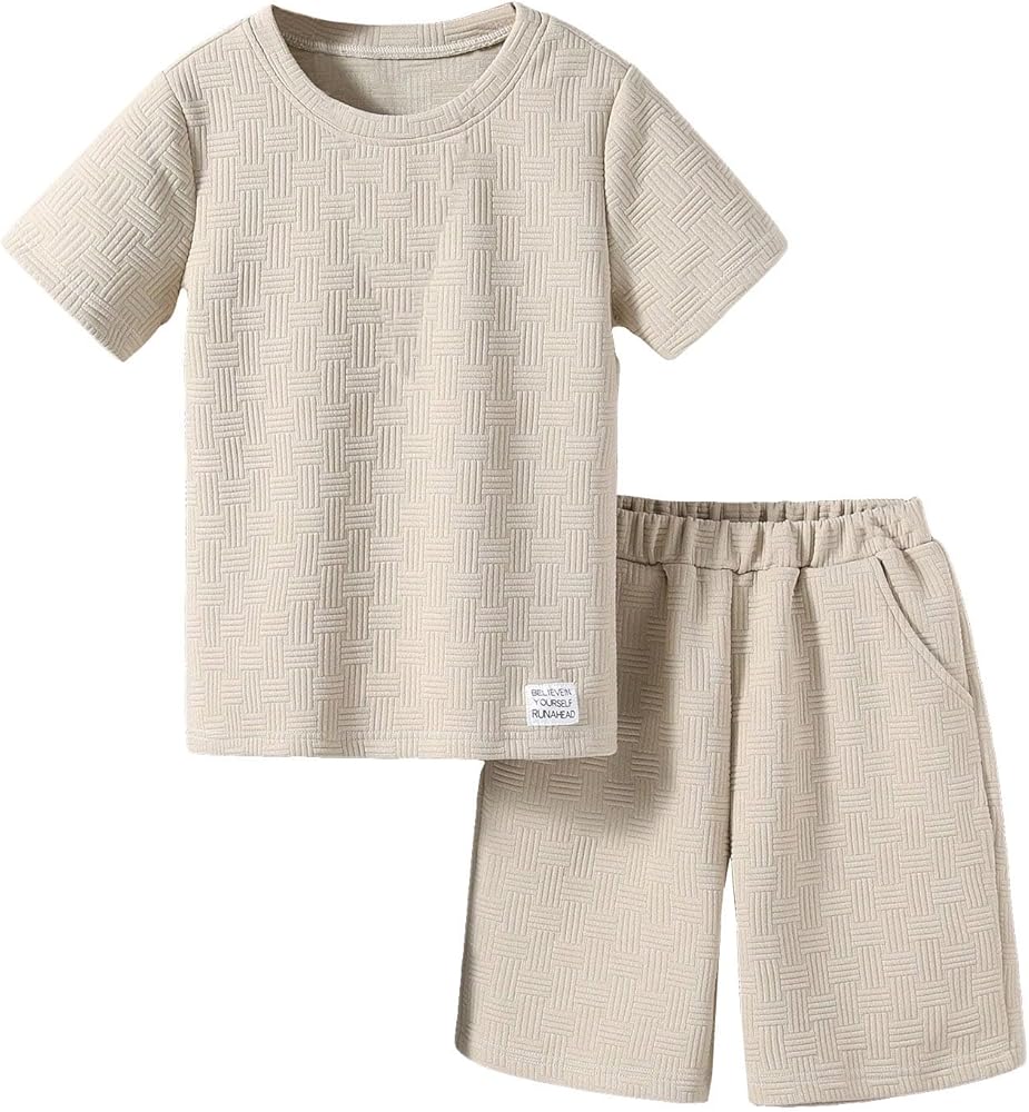 Verdusa Boy's 2 Piece Outfits Textured Crew Neck Short Sleeve Tee Top and Shorts Sets