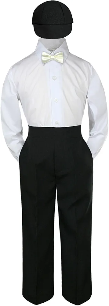 4pc Formal Baby Toddler Boys Ivory Bow Tie Black Pants Suits Hat S-4T (4T)