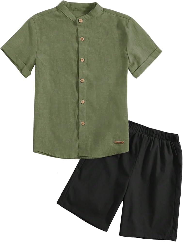 SHENHE Boy's 2 Piece Outfits Striped Button Down Short Sleeve Shirt and Shorts Set Green Black 14 Years