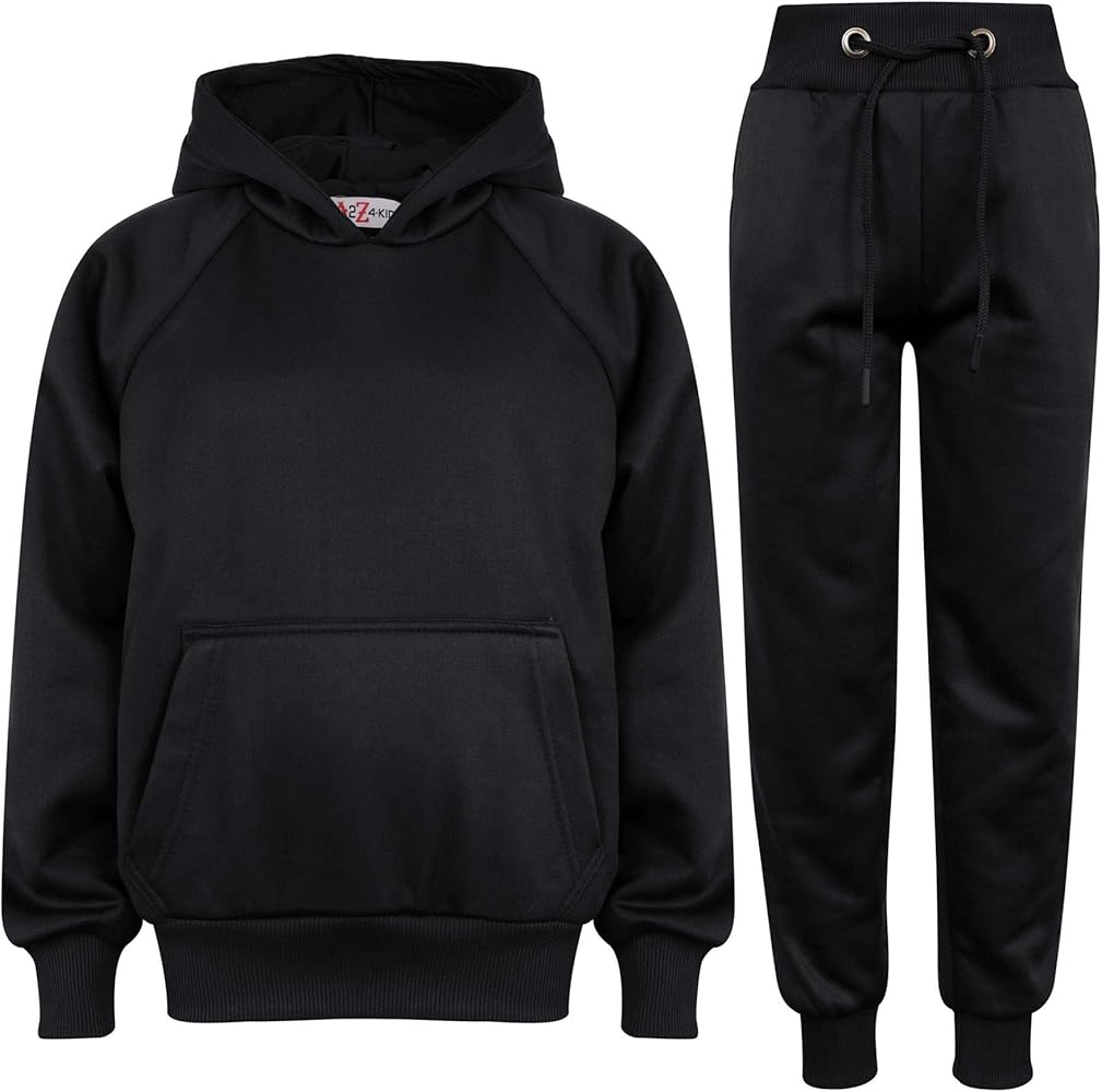 Kids Girls Boys Plain Black Hooded Sweat Hoodie Tracksuit Jogging Suit Joggers