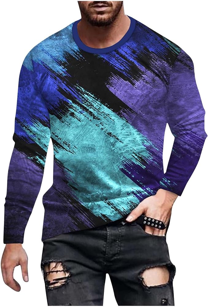 Long Sleeve Tee Shirts for Mens Boys Fashion Novelty Graphic T-Shirt Slim Fit Round Neck Daily Sports Tops Streetwear