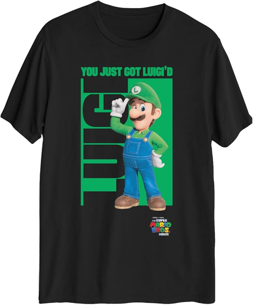 Nintendo Super Mario Bros. Movie Luigi You Just Got Luigi'd Kid's Short Sleeve T-Shirt (Black, Large)