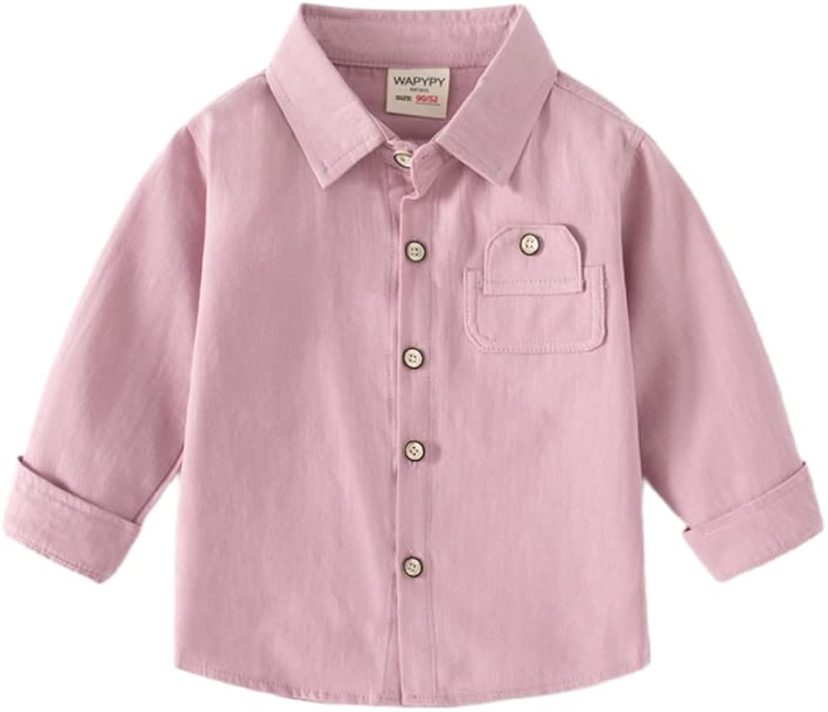 Toddler Boys' Fashion Long Sleeve Dress Shirts Classic Collared Button-Down T-shirt Solid Color Cotton Tops