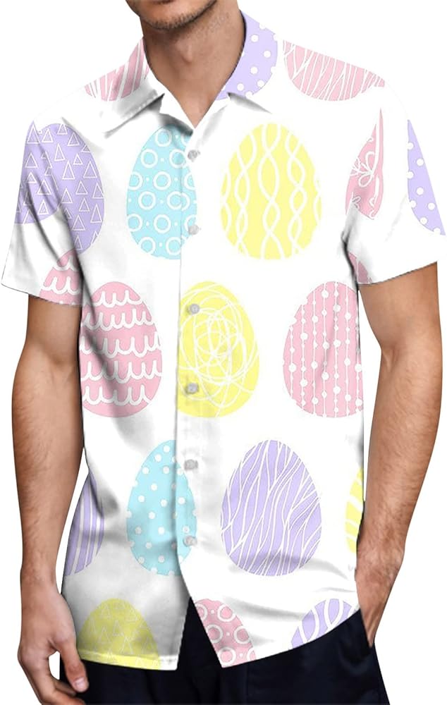 Easter Button Up Hawaiian Shirts For Men,2024 Funny Colorful Eggs Print T-Shirt Tops Blouse Casual Short Sleeve Bowling Tees