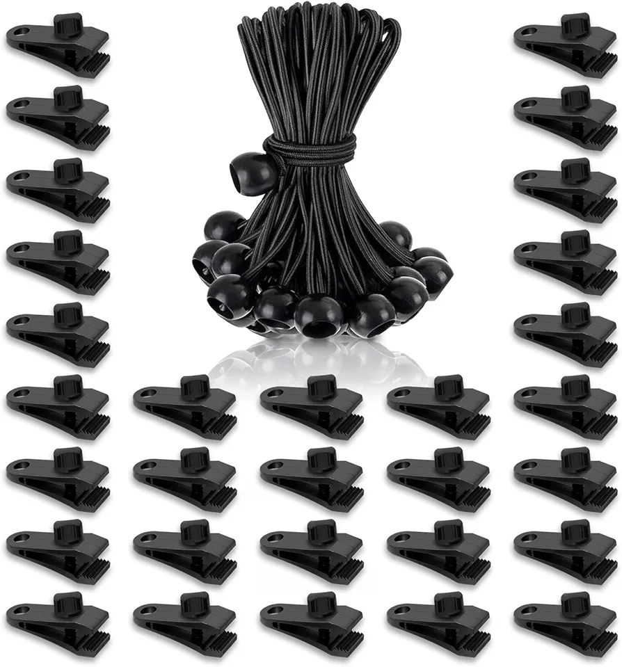 60 Pack Tarp Clips with Bungee Cords, Tarp Clamps Heavy Duty Lock Grip, Shark Tent Fasteners Clips for Awnings, Outdoor Camping, Caravan Canopies, Car Covers, Swimming Pool Covers