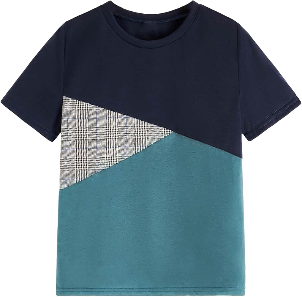 COZYEASE Boy's Short Sleeve Crewneck T Shirt Plaid Print Colorblock Tee Tops Casual Basic Tops Teal Blue 13-14Y