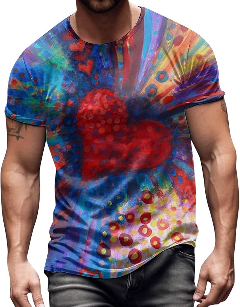 Men Valentines Day T-Shirts Tie Dye Heart Tees Fashion Crewneck Short Sleeve Shirts Graphic Tops Valentine Gifts Boys