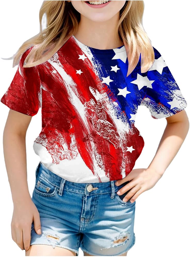 Boys Girls 4th of July Toddler Tees 3D Graphic Printed Funny T-Shirt Cute Short Sleeve Crew Neck Independence Day Tops Tees 3-10 Years,American Flag Shirts for Boys,4Th of July Shirts Boys