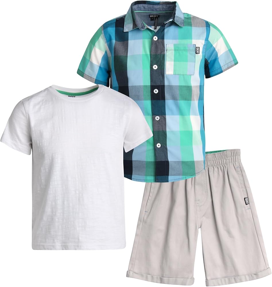 DKNY Boys' Short Set - 3 Piece Short Sleeve Button Down, T-Shirt, and Shorts - Summer Clothing Set for Toddler Boys (2T-7)