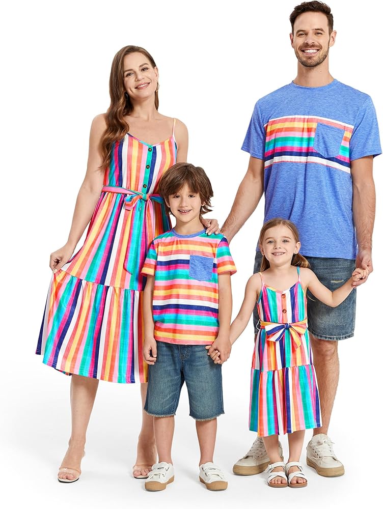 PATPAT Matching Family Outfits Mommy and Me Dresses Hawaiian Vacation Spaghetti Strap Dress and T-Shirts Set