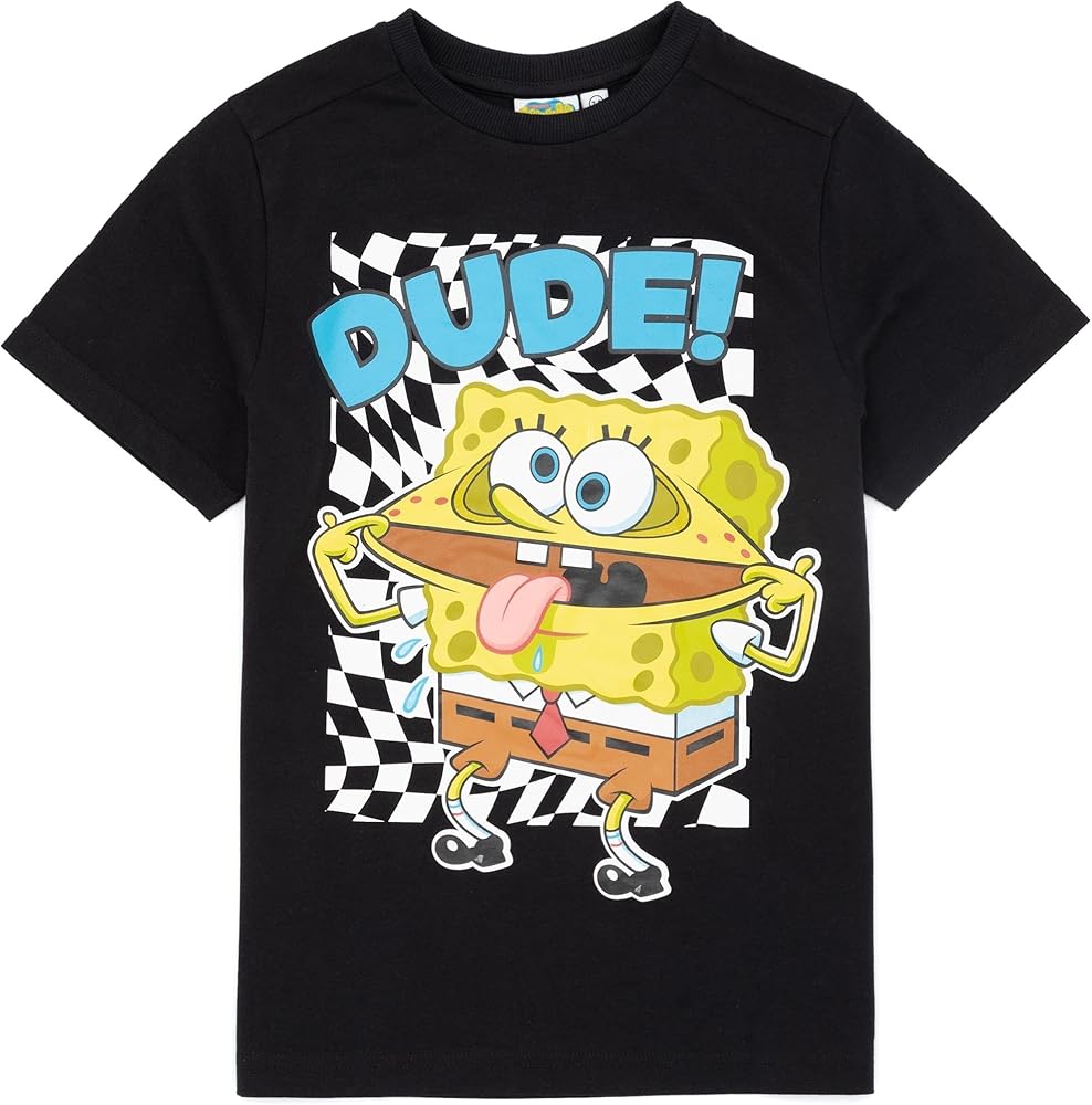 SpongeBob SquarePants Kids T-Shirt | Boys Girls Dude Checker Character Short Sleeve Black Top