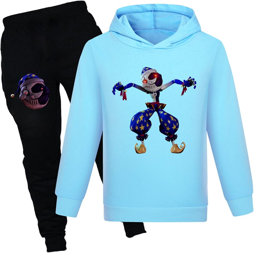 Teens Fnaf Sundrop Hooded Tracksuit Long Sleeve Graphic Outfit,Pullover Hoodie+Jogger Pants for Boys(2-16Y)