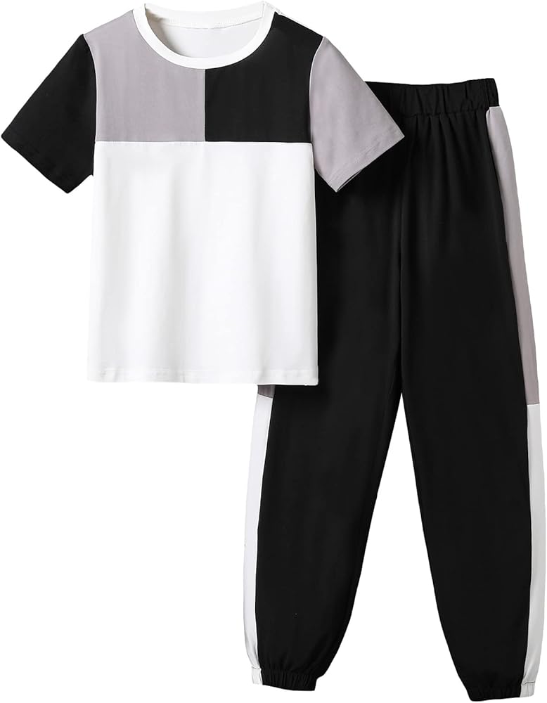 OYOANGLE Boy's 2 Piece Outfits Colorblock Short Sleeve Tee Shirt and Sweatpants Set Black White 9Y