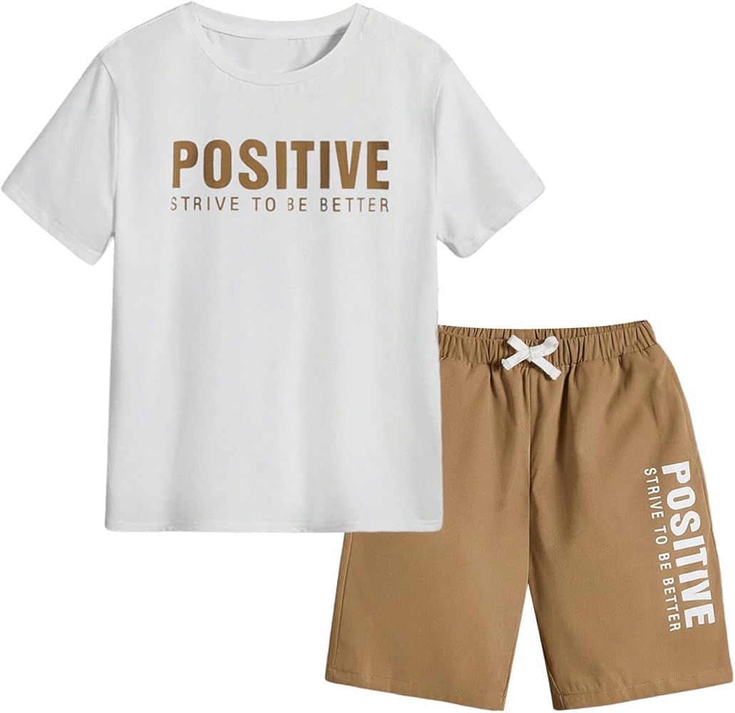 Verdusa Boy's 2 Piece Outfit Letter Print Short Sleeve Tee Top with Shorts Tracksuit Sets