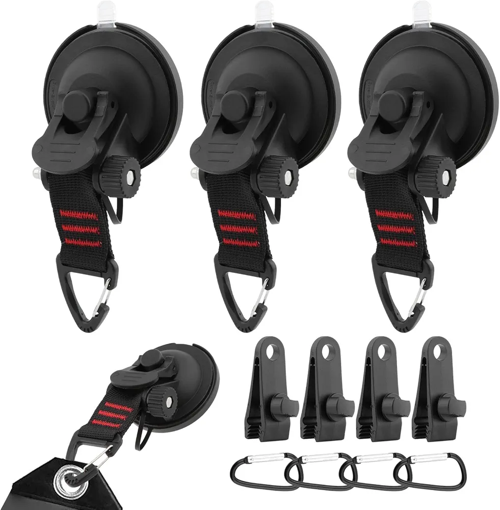 4pcs Heavy Duty Suction Cups, Tent Clips, D Type Carabiners, Car Camping Tie Down Suction Cup Camper Accessories with Securing Hook, Suction Cup Hook for RV Camping Tarp Accessory